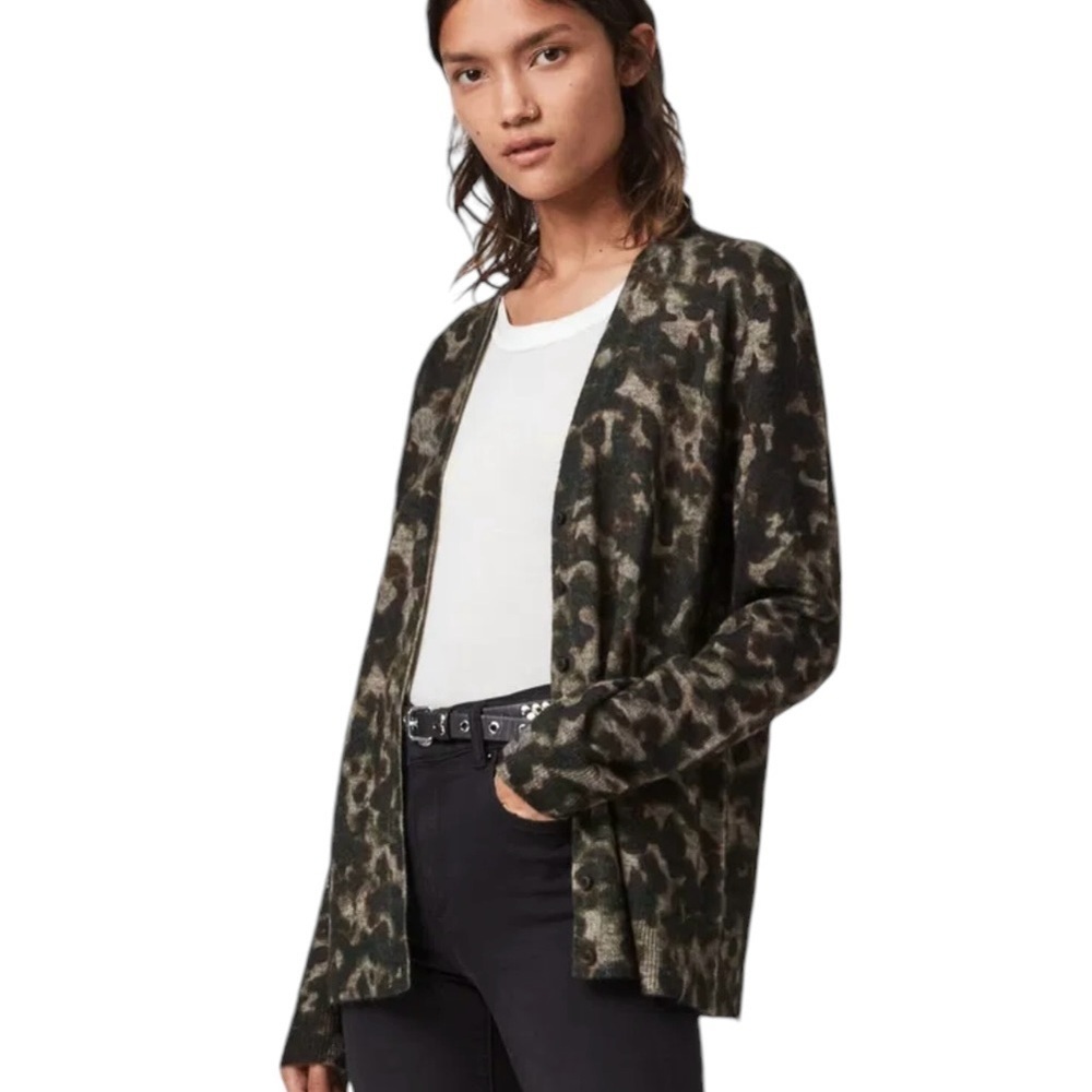 Allsaints All Saints Sweater XS Cardigan Tortoise Shell Print Wool Alpaca Brown